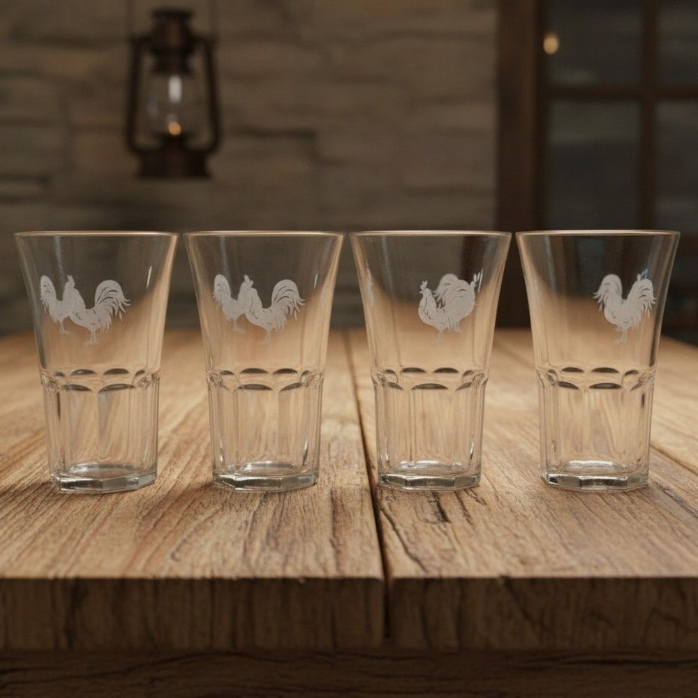 Pfaltzgraff Daybreak Frosted Roosters Tumblers, Set of 4 Libbey Duratuff Glasses